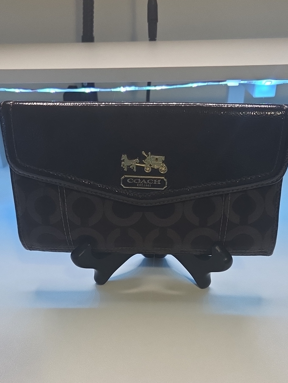 Coach Dark Brown Signature Canvas Wallet with Black Trim